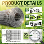 HIHADUUM 16'' x 20' Hardware Cloth 1/4 inch 23 Gauge, Hot-dip Galvanized After Welding, Chicken Coop Wire Fence Wire Mesh Screen, Rabbit/Snake Fences, Netting Wire Cloth Galvanized Wire Mesh Roll
