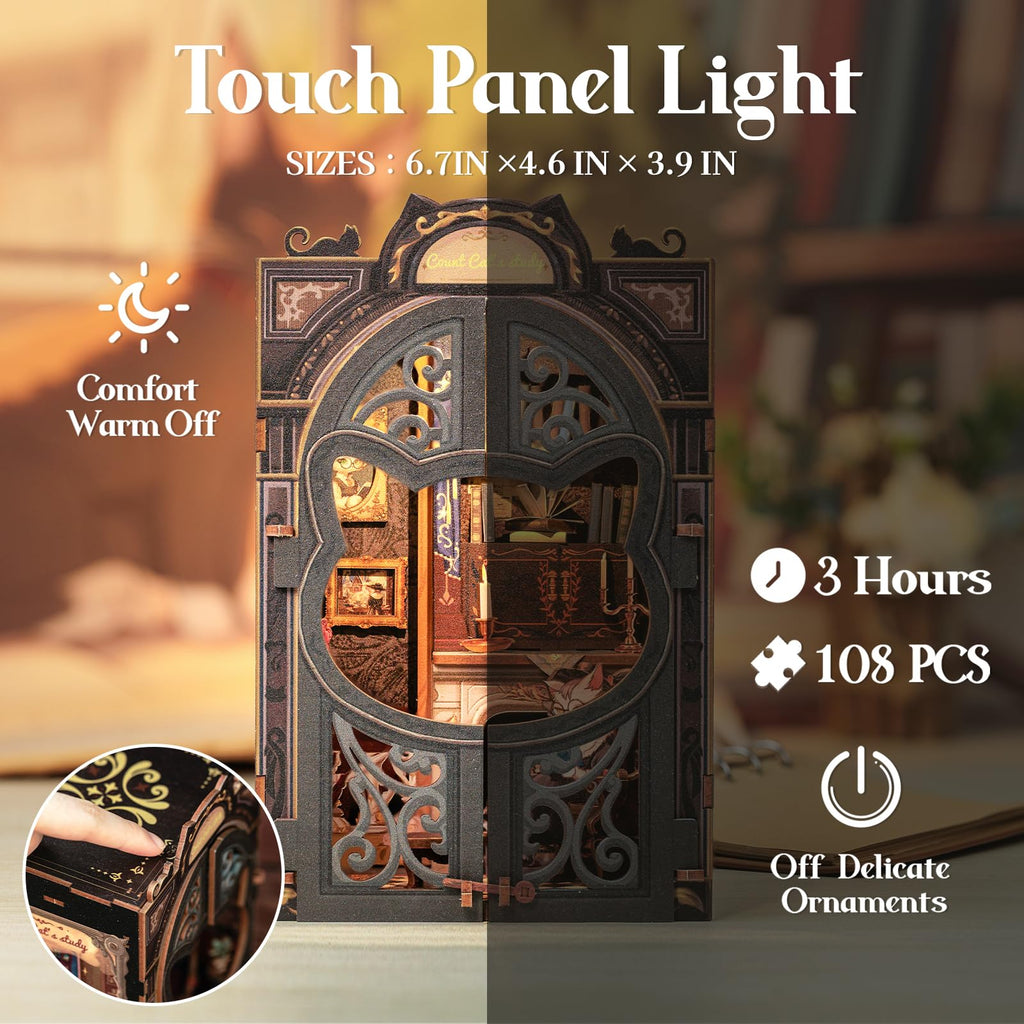 Cutefun Book Nook Kit - DIY Miniature House Kit for Bookshelf Decor, Book Nook Kits for Adults & Beginners, 3D Wooden Puzzle Dollhouse, Ideal Gift for Family and Friends (Count Cat's Study)