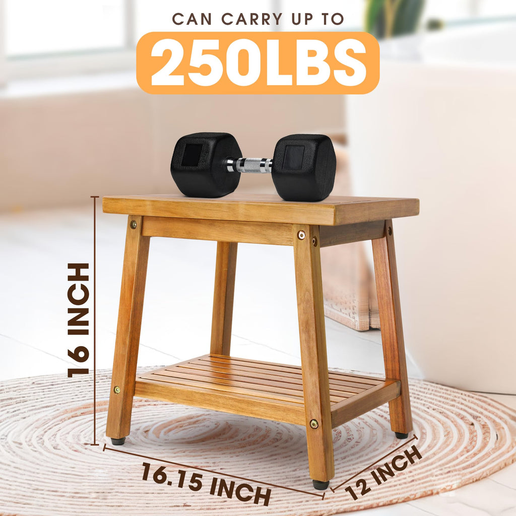 Shower Stool Bench Chair Waterproof with Storage Shelf for Shaving Legs, Spa, Bath Seat, Inside Shower Bench for Adults Seniors Elderly, Outdoor Side Table, Patio, Pool, End Table (16 Inches)