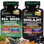 AyBet Sea Moss & Himalayan Shilajit Supplement Combo–Herbal Formula with Black Seed Oil, Ashwagandha, Rhodiola, Turmeric, Ginger – Mineral, Antioxidant Support–Organic, Halal, Vegan Capsules–240 Count