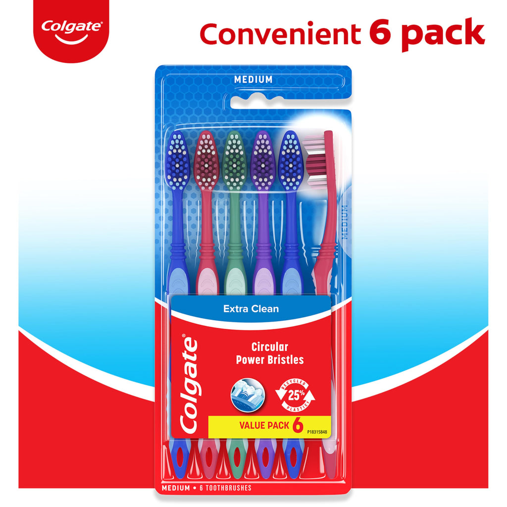 Colgate Extra Clean Toothbrush, Medium Toothbrush for Adults, 6 Pack