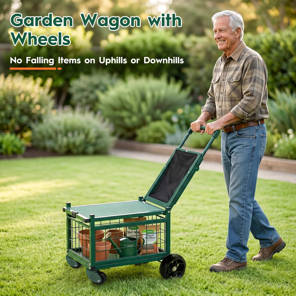 Rolling Garden Cart with Seat, Metal Garden Work Seat with 360° Swivel Wheels, Storage Basket, Workbench, and Tool Bag, Upgraded Heavy Duty Gardening Wagon and Stool for Seniors
