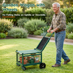 Rolling Garden Cart with Seat, Metal Garden Work Seat with 360° Swivel Wheels, Storage Basket, Workbench, and Tool Bag, Upgraded Heavy Duty Gardening Wagon and Stool for Seniors