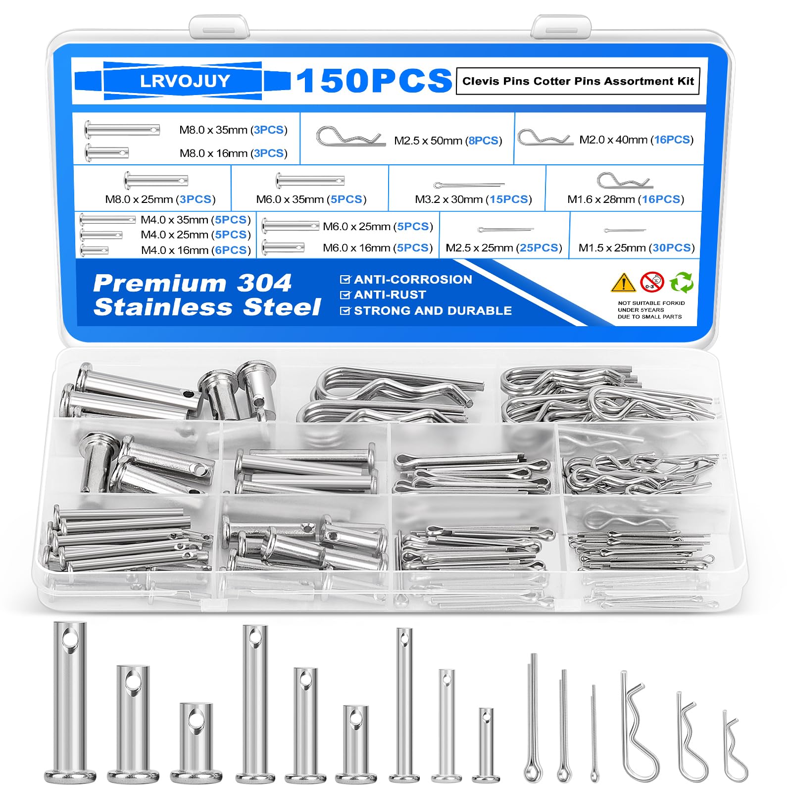 LRVOJUY Cotter Pin Assortment Kit, 180PCS Cotter Pins 6 Sizes Premium 304 Stainless Steel Heavy Duty R Clips Set, Hardware Pins for Automotive, Trailer, Pin Lock System