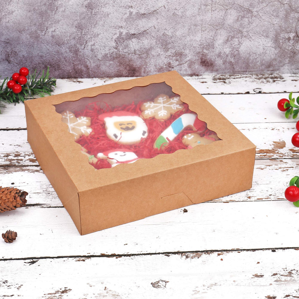 Tcoivs 20-Pack Pie Boxes 10" x 10" x 2.5", Bakery Boxes with Window, Auto-Popup Cookie Boxes for Pies, Cookies and Pastries (Brown)