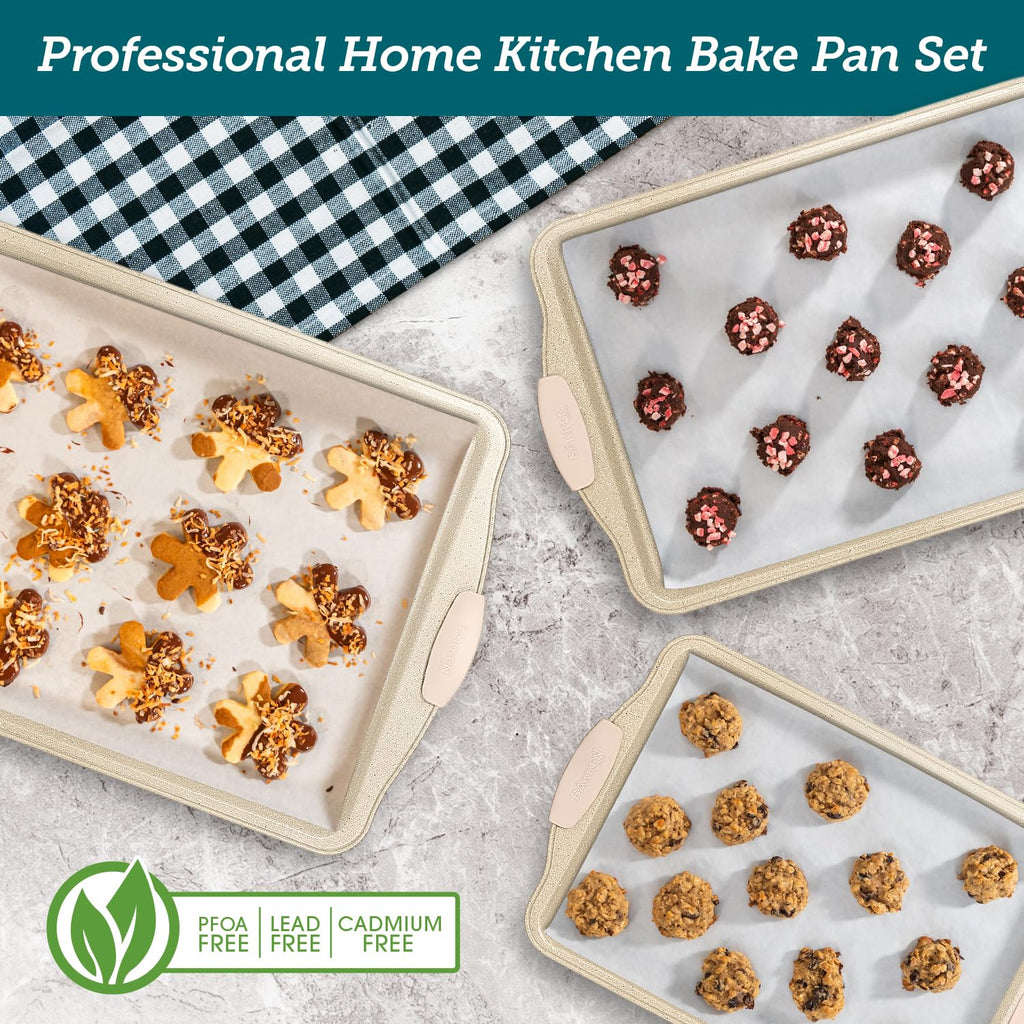 BAKKEN Cookie Sheets for Baking Nonstick Set - 3-Piece Stackable Carbon Steel Baking Sheet Pans Set with Silicone Handles, Non Toxic Cookie Sheets for Baking Bakeware Set - White Marble