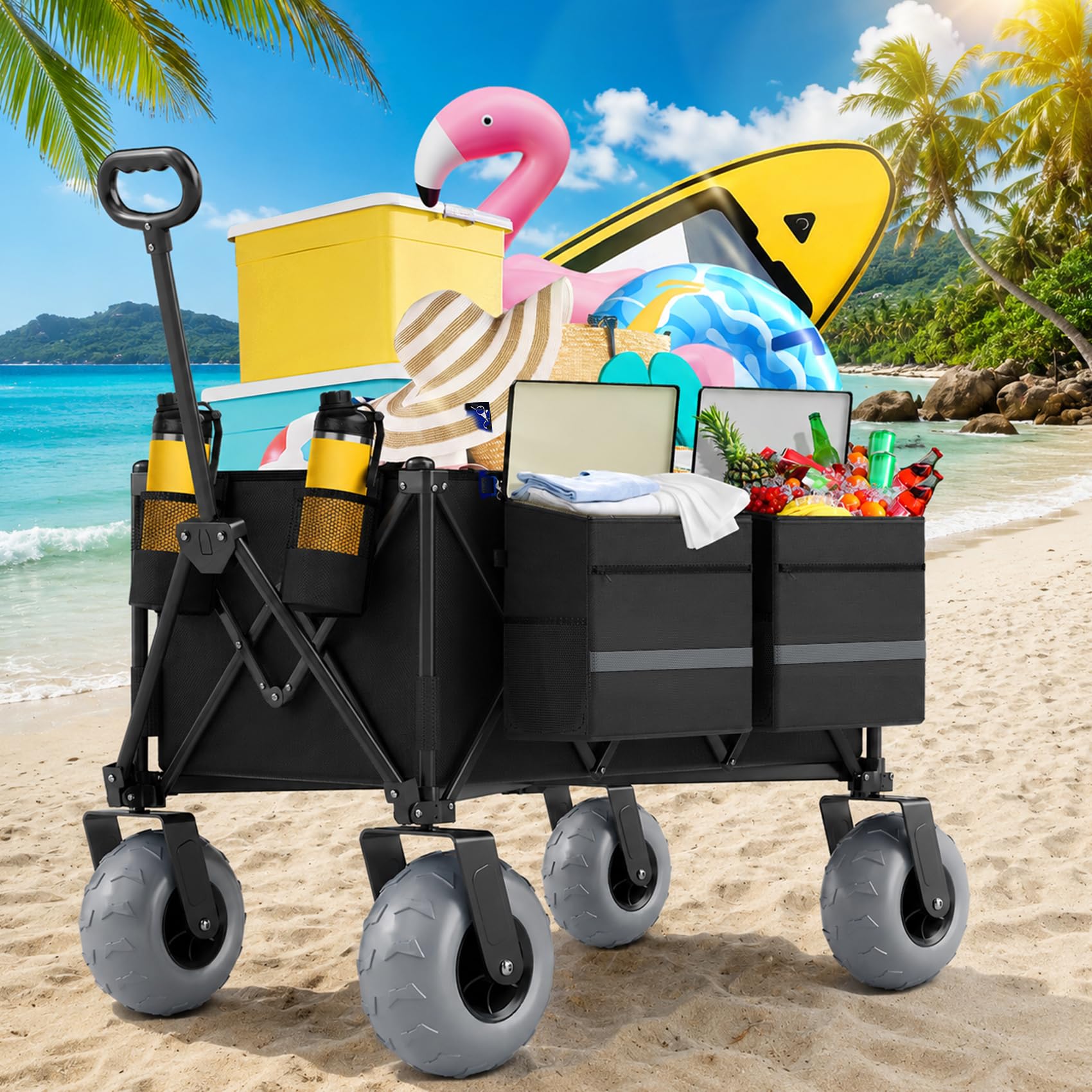 Beach Wagon with Big Wheels for Sand, 350lbs Heavy Duty Folding Wagon, Oversized 180L, 9" PVC All-Terrain Wheels, Adjustable Handle, Cooler & Storage Bags for Beach, Camping & Outdoor Sports (Black)