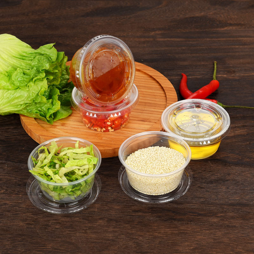EDI Clear Disposable Plastic Portion Cups with Leakproof Lids | Jello Shot & Condiment Cups | 3.25 OZ, 100 Sets | BPA Free & Recyclable