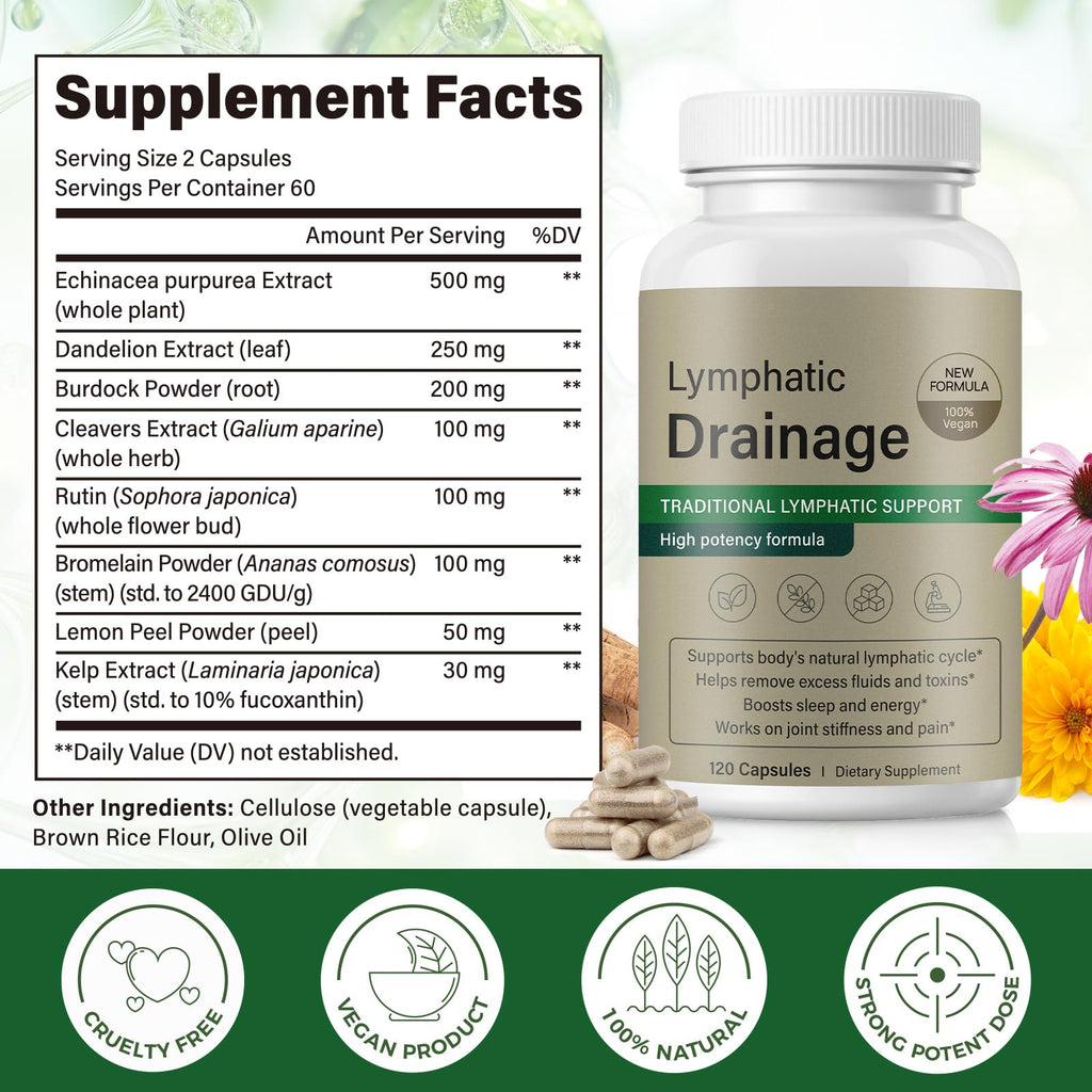 Bivinke Lymphatic Drainage Supplement, Lymphatic Drainage Capsules with Dandelion, Burdock, Cleavers & Echinacea, Supports Bloating, Fluid Balance & Daily Lymphatic Wellness – 120 Capsules