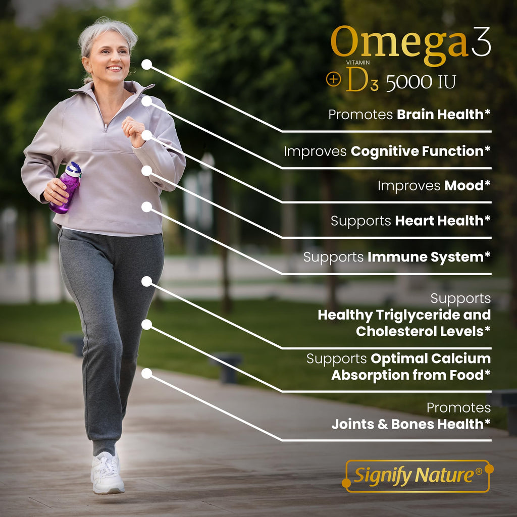 SIGNIFY NATURE Omega 3 Fish Oil Supplement with Vitamin D3 5000 IU - 1000mg Triglyceride Capsules for Brain Health - Omega3 EPA DHA + VIT D 3-90CT