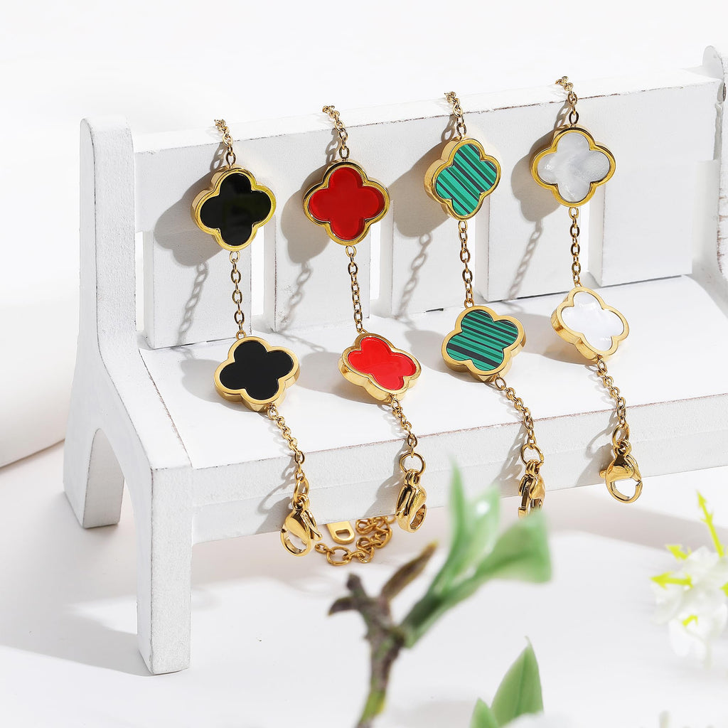 AIPPK 18K Gold Plated Clover Lucky Bracelet for Women White/Black/Red/Green Flower Four Leaf Link Bracelets Trendy Jewelry Gifts for Women (White+Black)