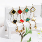 AIPPK 18K Gold Plated Clover Lucky Bracelet for Women White/Black/Red/Green Flower Four Leaf Link Bracelets Trendy Jewelry Gifts for Women (White+Black)