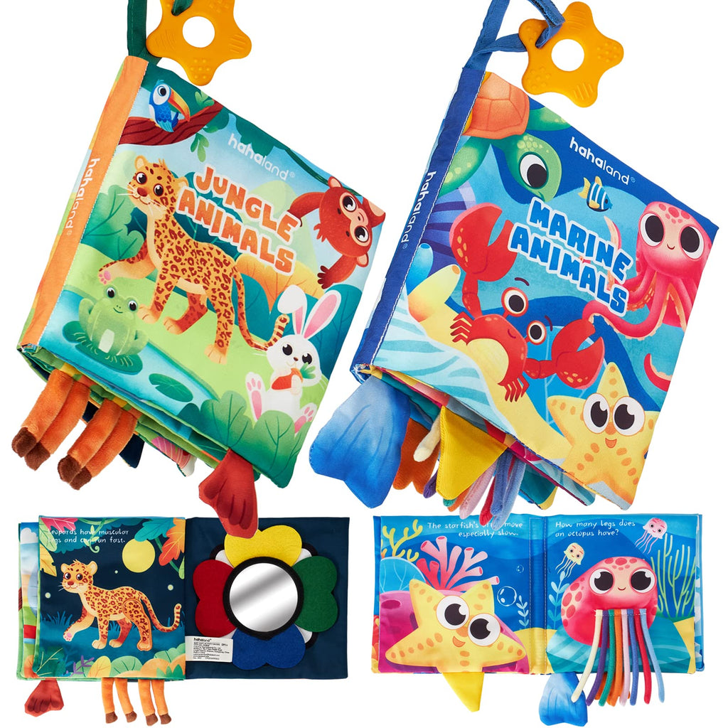 Baby Books 0-6 Months - 2 PCS Sensory Montessori Toys for Babies 0-6 Months with Crinkle Squeaky Sounds, Mirrors, Teethers - Soft Cloth Tummy Time Book Newborn Infant Toys