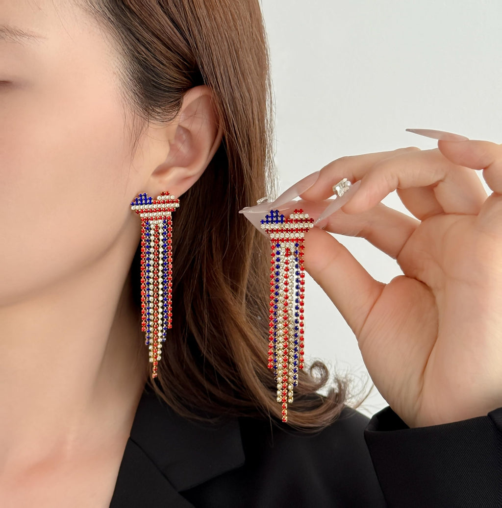 Tasunom American Flag Dangle Earrings for Women, Patriotic 4th of July Earrings, 14K Gold Plated CZ Crystal USA Flag Drop Earrings with S925 Post
