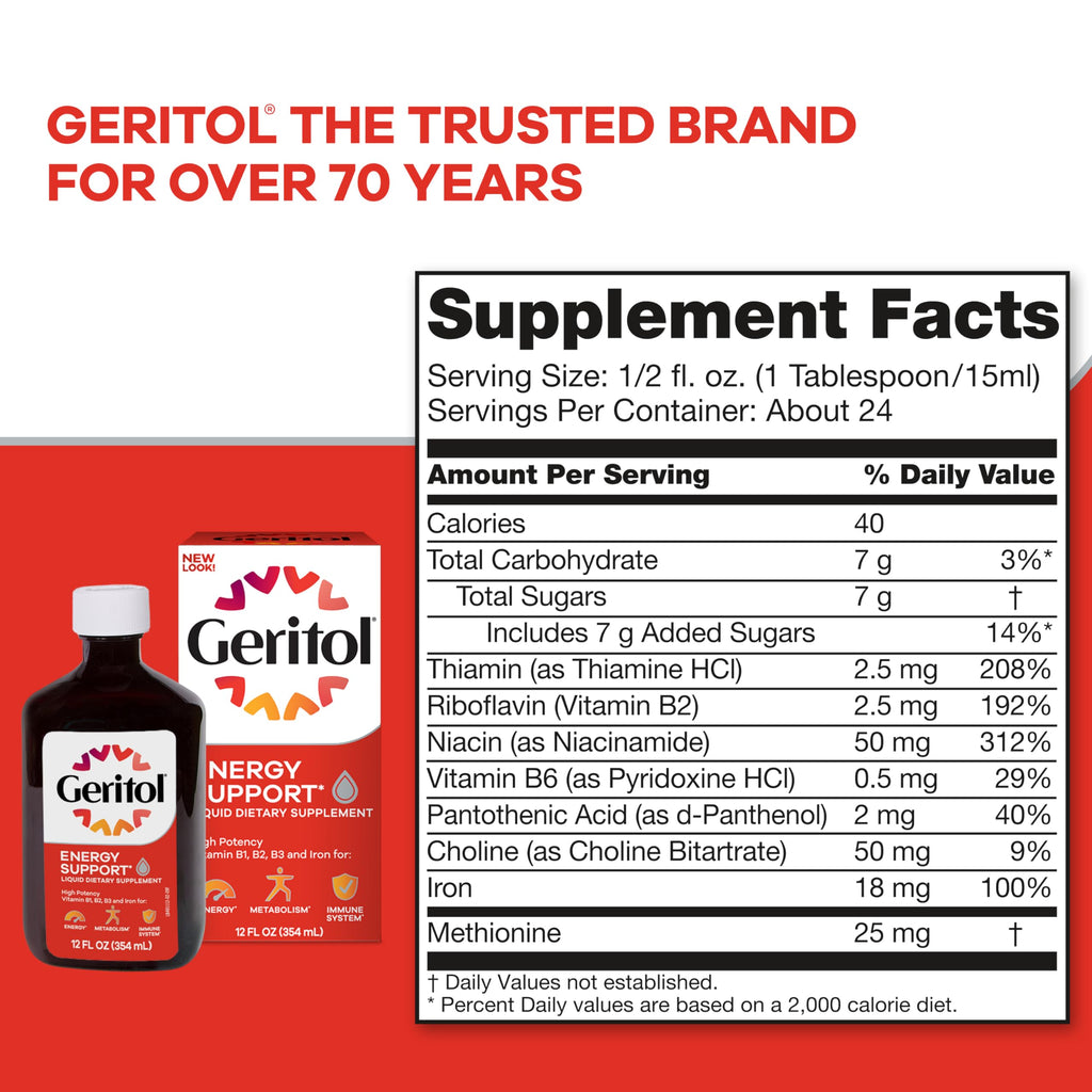 Geritol Liquid Vitamin and Iron Supplement, Energy Support, Contains High Potency B-Vitamins and Iron, Pleasant Tasting, Easy to Swallow, No Artificial Sweeteners, Non-GMO, 12 Oz, 2 Pack
