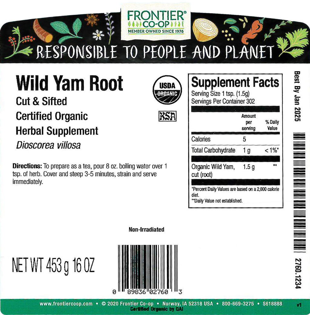 Frontier Co-op Wild Yam Root, Cut and Sifted, Certified Organic, Kosher | 1 lb. Bulk Bag | Dioscorea villosa L.