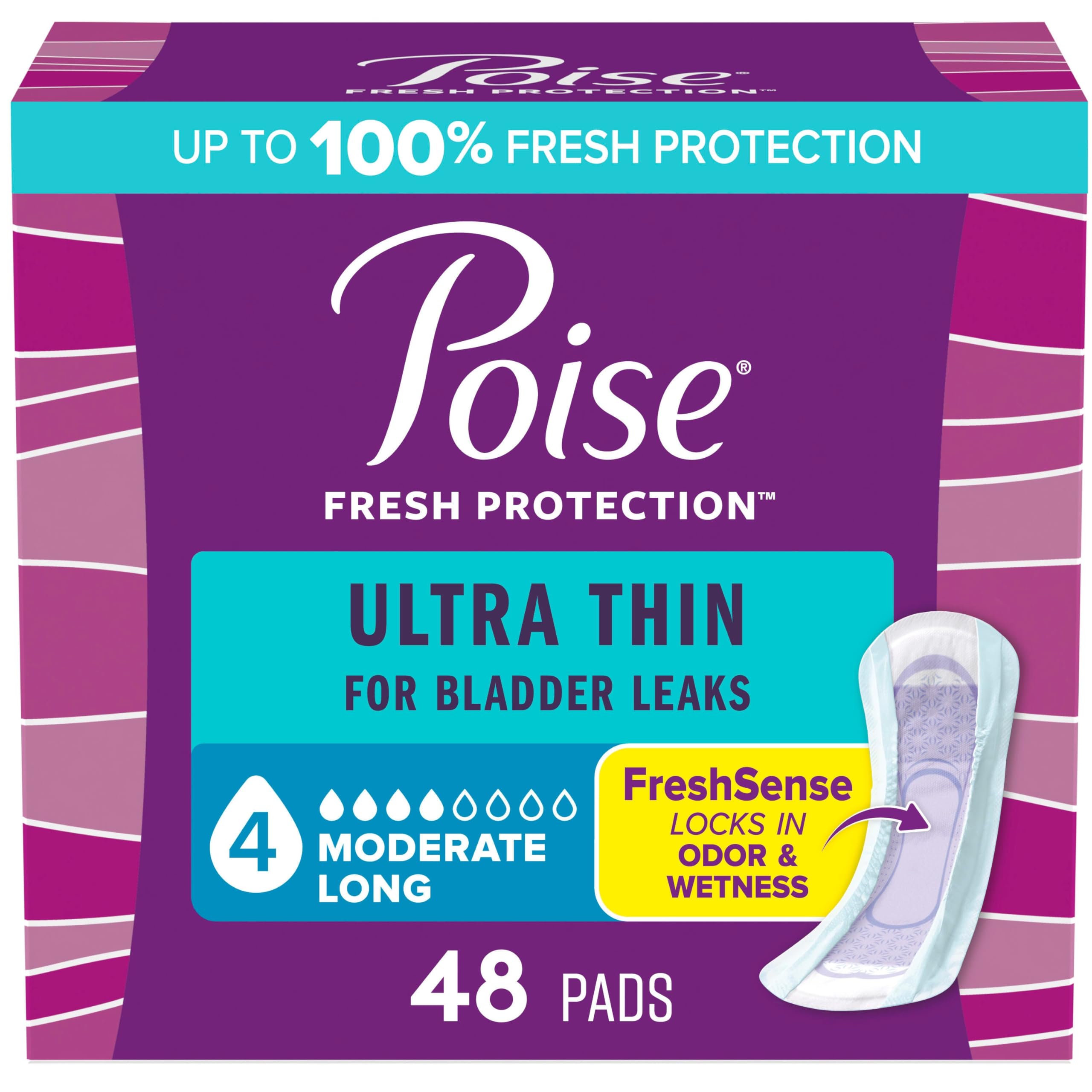 Poise Ultra Thin Incontinence Pads & Postpartum Pads for Bladder Leaks, 4 Drop Moderate Absorbency, Long Length, 48 Count, Packaging May Vary