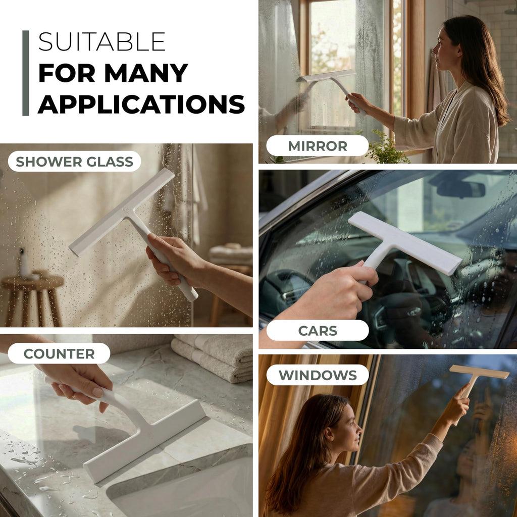 GÜTEWERK Silicone Shower Squeegee for Glass Doors & Mirrors with Stainless Steel Core, Streak-Free & No-Squeak Window Cleaning, 3-in-1 No-Drill Mount (Hook/Suction/Adhesive),White, 15 Inches