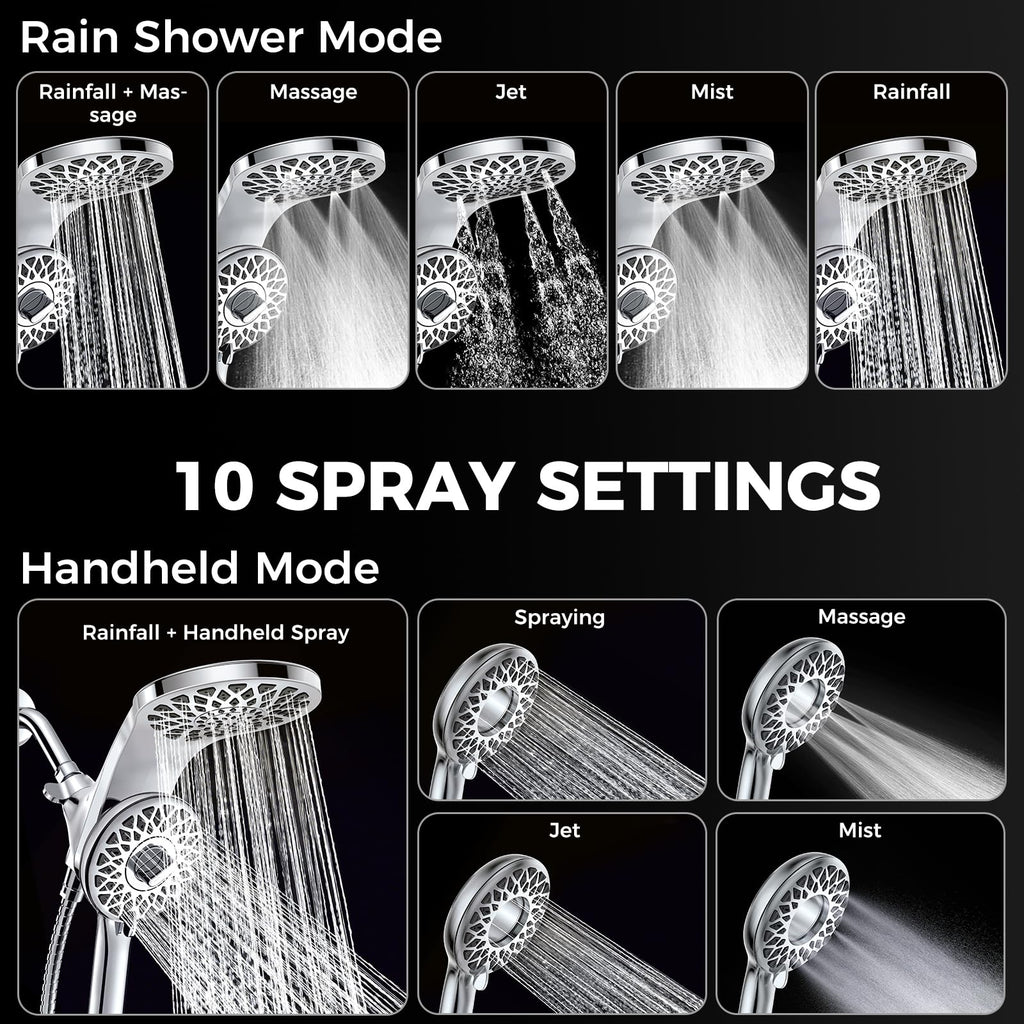 Newfinde High Pressure Rain Shower Head with Handheld Spray Combo: Detachable Dual Shower Head with 10 Sprays Modes - Upgrade Knob Spray Mode Selector and Magnetic Guidance Docking System