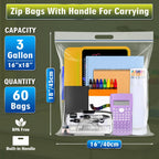 3 Gallon Extra Large Zipper Bag, 16” x 18” Clear Plastic Zip Bag with Handle for Storage, Moving Travel, 2mil Thick Resealable Lock, 60 pack
