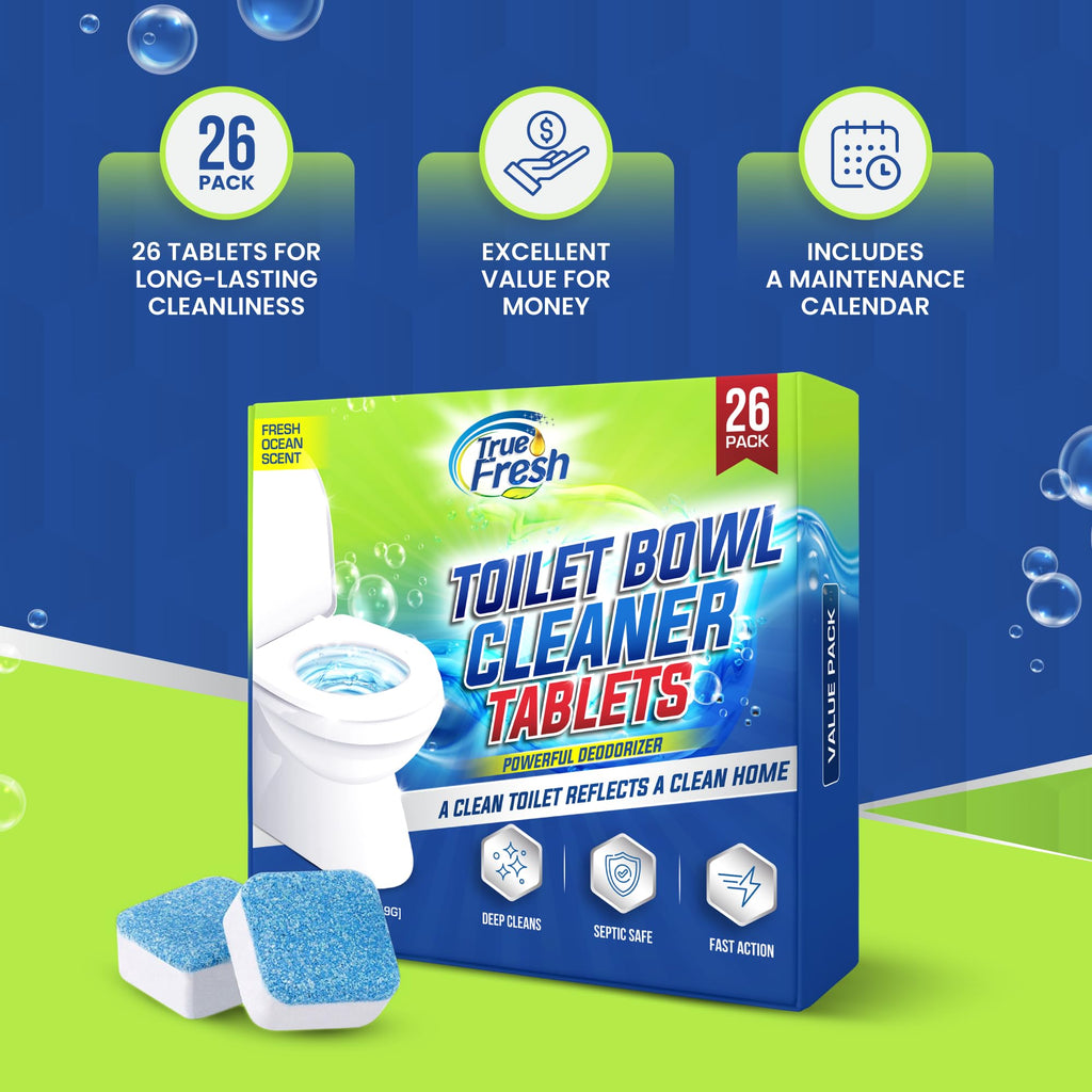 True Fresh Toilet Bowl Cleaner Tablets 26 Pack – Deodorizer & Septic Safe – Deep Cleaning, Odor Eliminator, Stain Remover for Long-Lasting Freshness – Fresh Ocean Scent