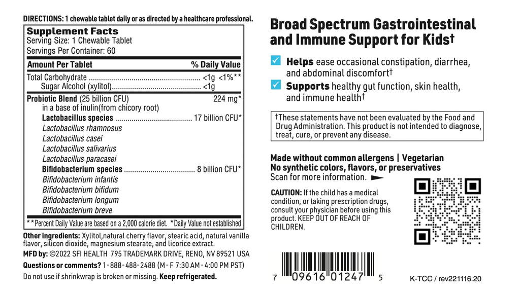 Klaire Labs SFI Health Ther-Biotic Kids Chewable Probiotic - GI Health + Immune Support for Kids - Chewable 25b CFU Lactobacillus + Bifidobacterium - Hypoallergenic, Dairy-Free (60 Tablets / 2 Pack)