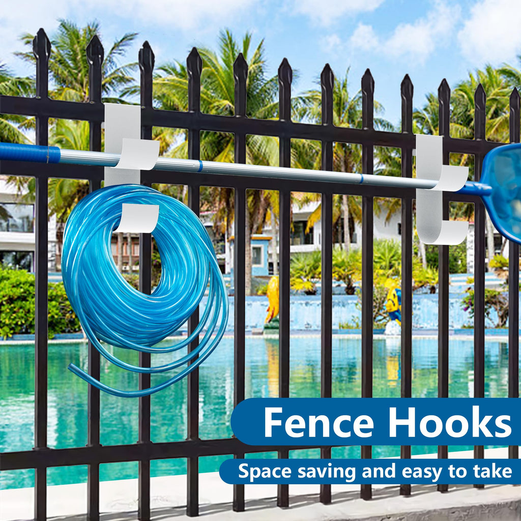 codree 2 PCS Pool Fence Hooks for Pool Equipment, White Heavy Duty Fence Hooks for Pool Poles, Slipe-on Fence Hanger for Pool Hose Pool Skimmer, Fit 3/4 Inch to 1-1/4 inch Railing