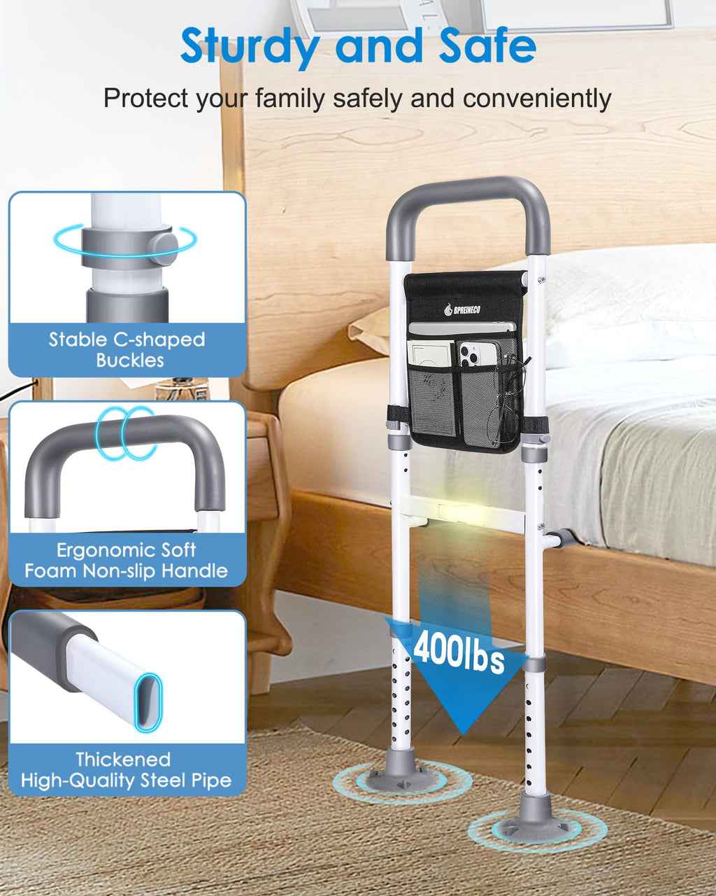 BPREINECO Bed Rails for Elderly Adults Safety, Reinforced Bed Handle Bedside Assist with Motion Sensor Light & Storage Pocket, Adjustable Bedrail Grab Bar Handrails, Stable Bed Can for Seniors, Gray