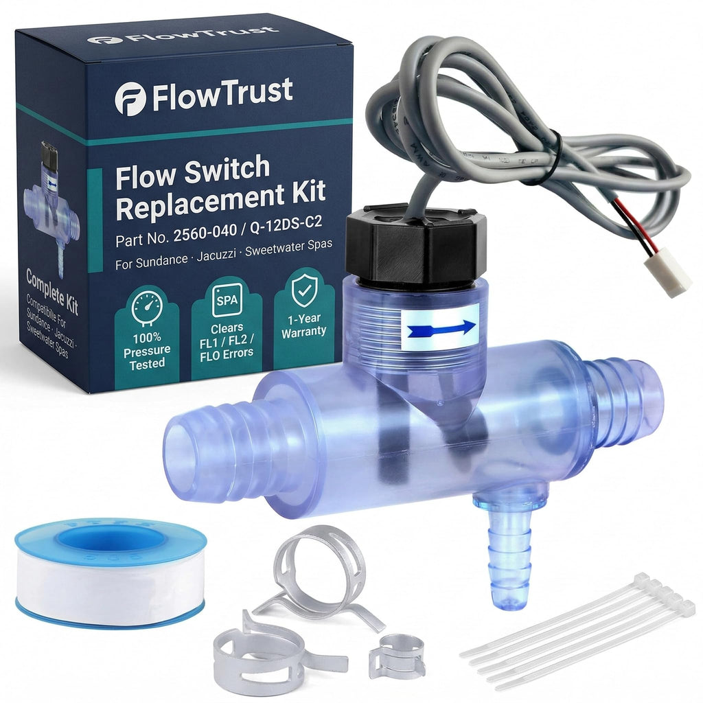 FlowTrust Hot Tub Flow Switch 2560-040 (Q-12DS-C2) – Replacement for Jacuzzi & Sundance Spa – Fixes FLO / FL1 / FL2 Error Codes – OEM Grade Plug & Play with Complete Install Kit