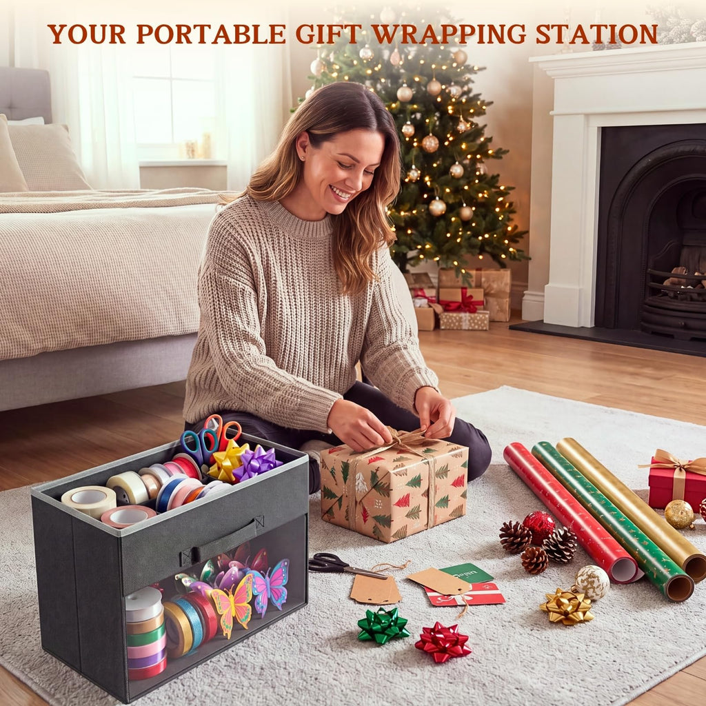 Over Door Wrapping Paper Organizer Storage with 3 Removable Drawers & Side Pockets – Dual Use Design with Elastic Straps – Christmas Gift Wrap Storage for Ribbons, Bows, Ornament and Other Tools 1Pack