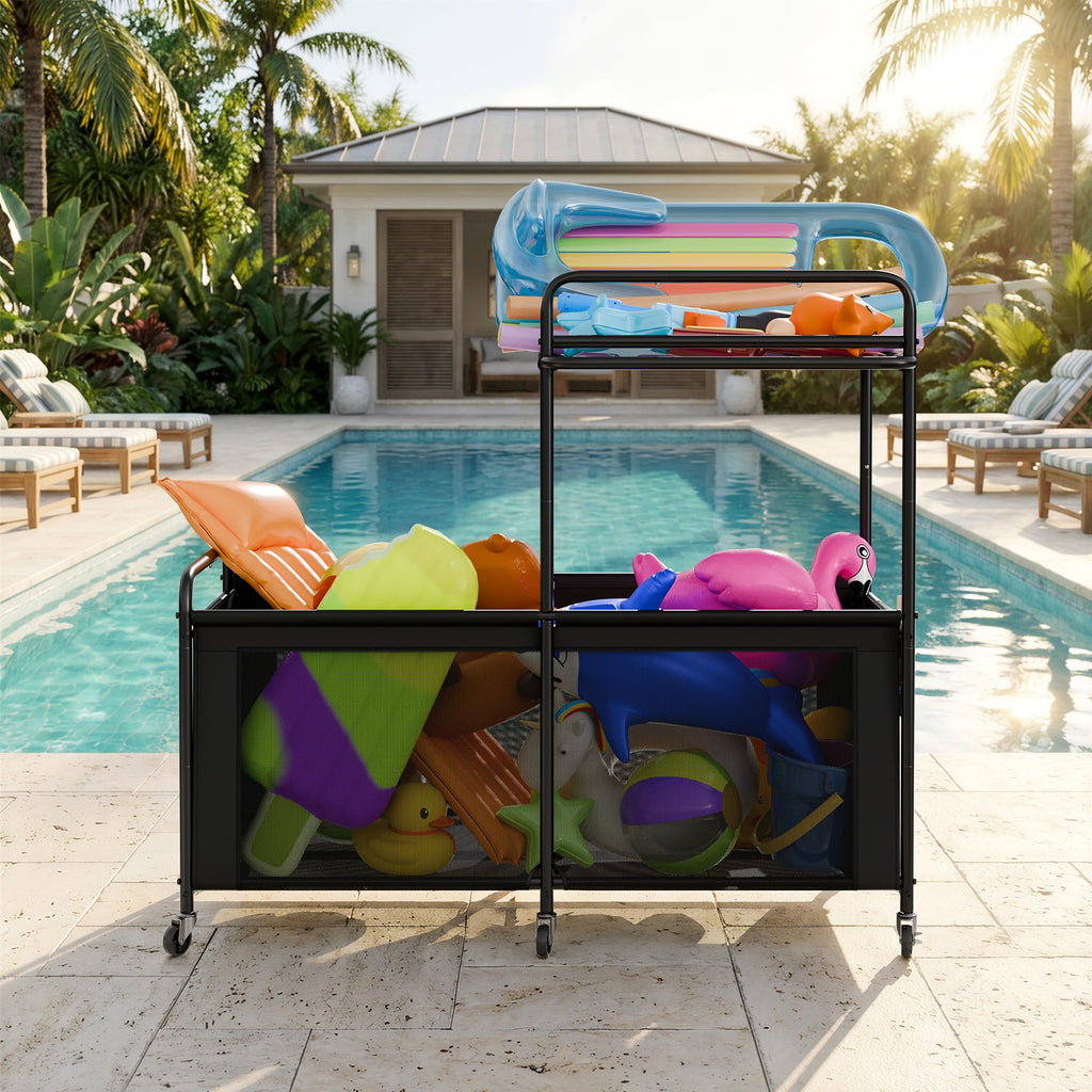 StorageWorks Pool Float Storage, 340 Gallon Rolling Pool Storage Bin, Two-Tier Mesh Swimming Pool Toy Storage, Pool Noodles Holder for Toys, Floats, Balls and Floats Equipment, Black
