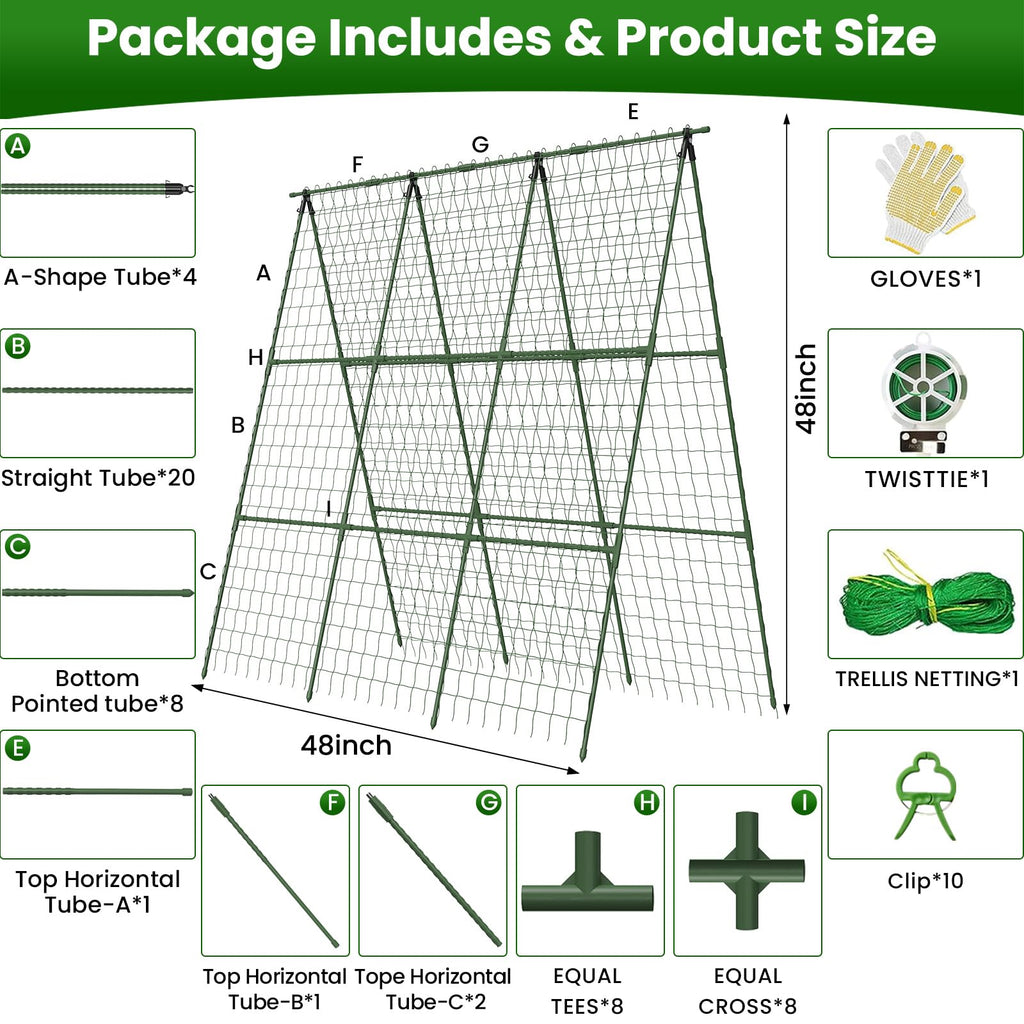 2 Pack Cucumber Trellis 48" L x 48" H, A-Frame Garden Trellis for Climbing Plants Outdoor, Vegetable Trellis for Raised Bed, Support for Squash Pea Zucchini Grape Flowers Tomato