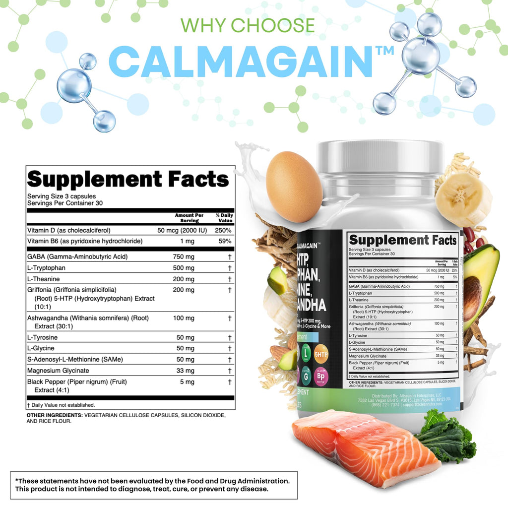 Clean Nutraceuticals GABA 750mg 5 HTP 200mg L Tryptophan 500mg L Theanine 200mg Ashwagandha SAM-e L-Glycine - Mood Support Vitamins for Women and Men with L-Tyrosine (90 Count (Pack of 3))