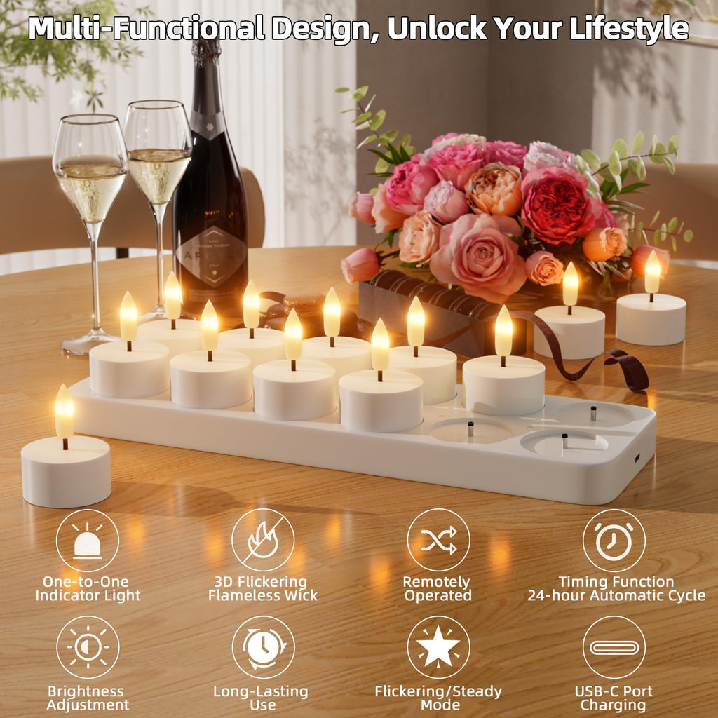 Rechargeable Flameless Tea Lights Candle with Charging Station Remote 12Pcs