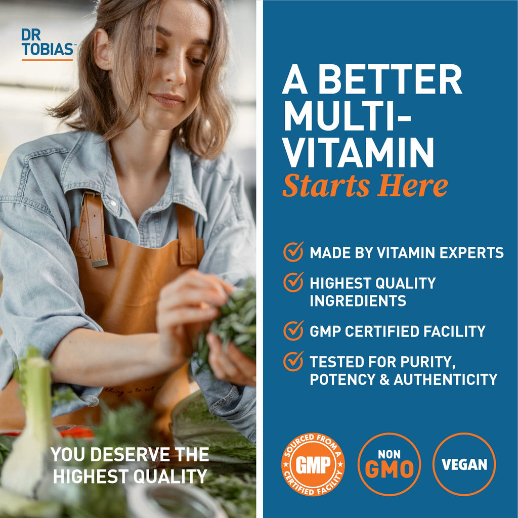 Dr. Tobias Adult Multivitamin for Women & Men, Immune Supporting Vitamins from 42 Fruits, Vegetables, Plus Probiotics, Vegan Multivitamins for Men & Women, Non-GMO, 180 Tablets, 60 Servings