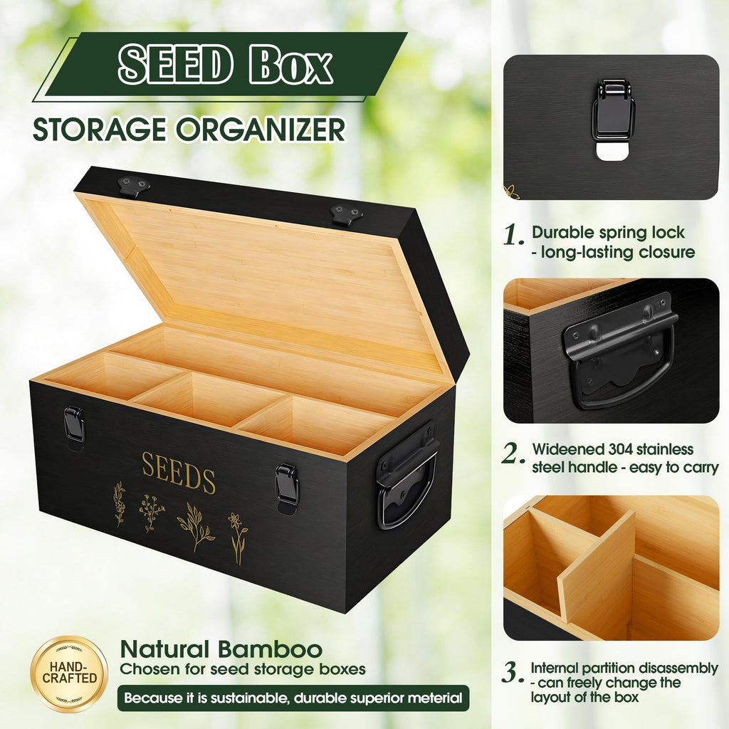 Yocookus Bamboo Seed Storage Organizer, Large Garden Seed Organizer with Lid & Safety Lock & Handles, Seed Box Includes Seed Envelopes and Labels etc, Great Gifts Gardening Kit (Black)