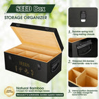 Yocookus Bamboo Seed Storage Organizer, Large Garden Seed Organizer with Lid & Safety Lock & Handles, Seed Box Includes Seed Envelopes and Labels etc, Great Gifts Gardening Kit (Black)
