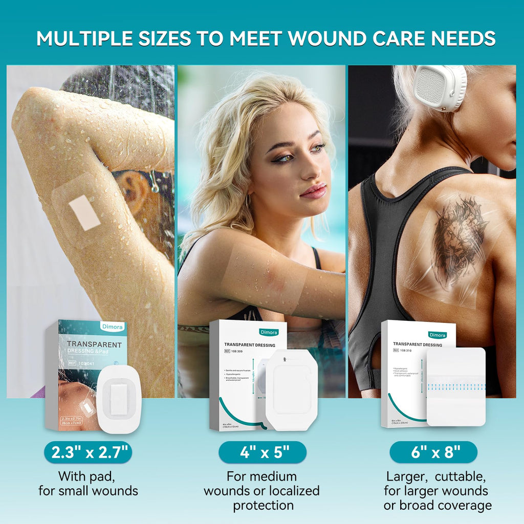 Dimora Waterproof Transparent Film Dressing, Large Clear Wound Bandages 6x8 inch 50 Pack, Post Surgical Skin Protector, Adhesive Medical Pad for Swimming,Showering,Tattoo Aftercare,IV Fixing