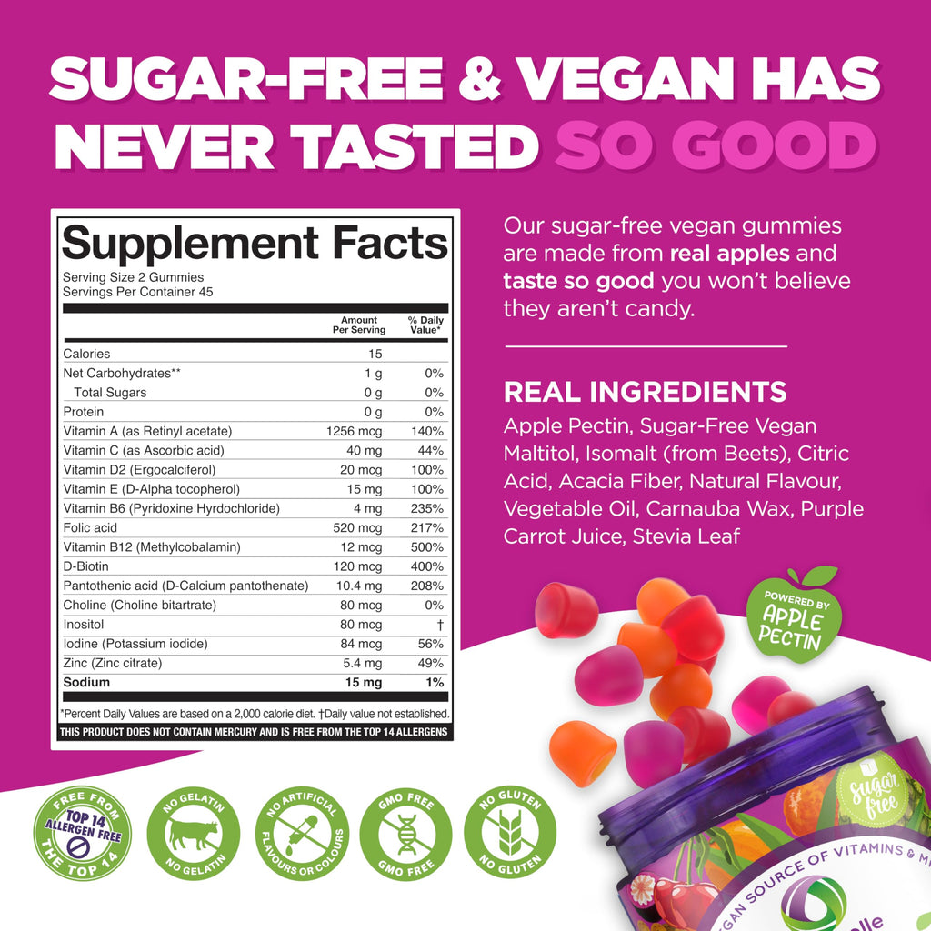 NUTRAMIN Daily Vegan Keto Multivitamin Gummies Non-GMO Natural Vitamin C, D + Zinc for Immunity, Plant-Based, Sugar-Free, Nut-Free, Gluten-Free, Biotin, Vitamin A, B, B6, B12 & More 45 Days (90 Count)