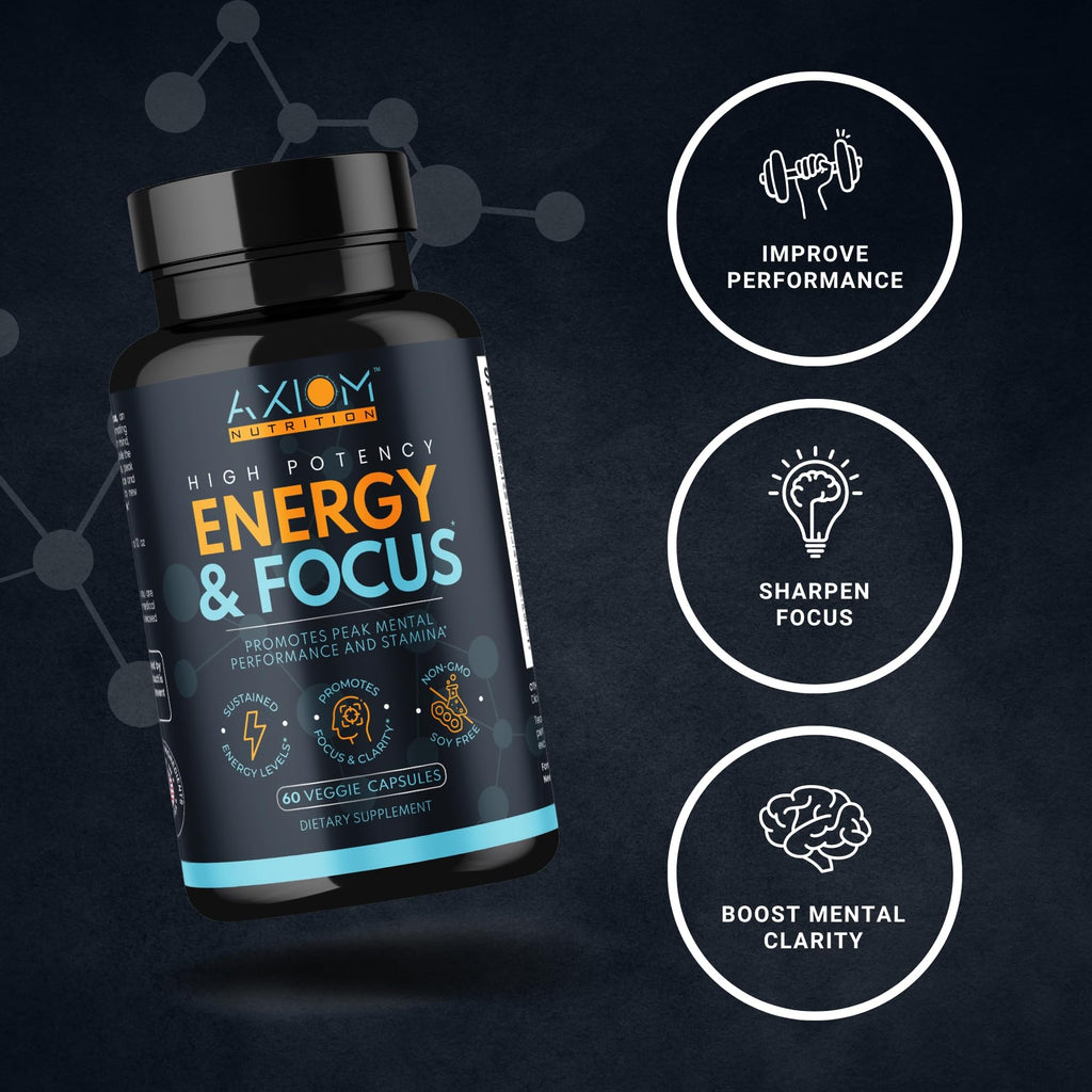 Axiom Nutrition Energy and Focus - Extra Strength 200mg Caffeine and Lions Mane Mushroom Supplement, 60 Capsules - with Alpha GPC, L-Theanine, L-Tyrosine to Support Brain Function and Concentration