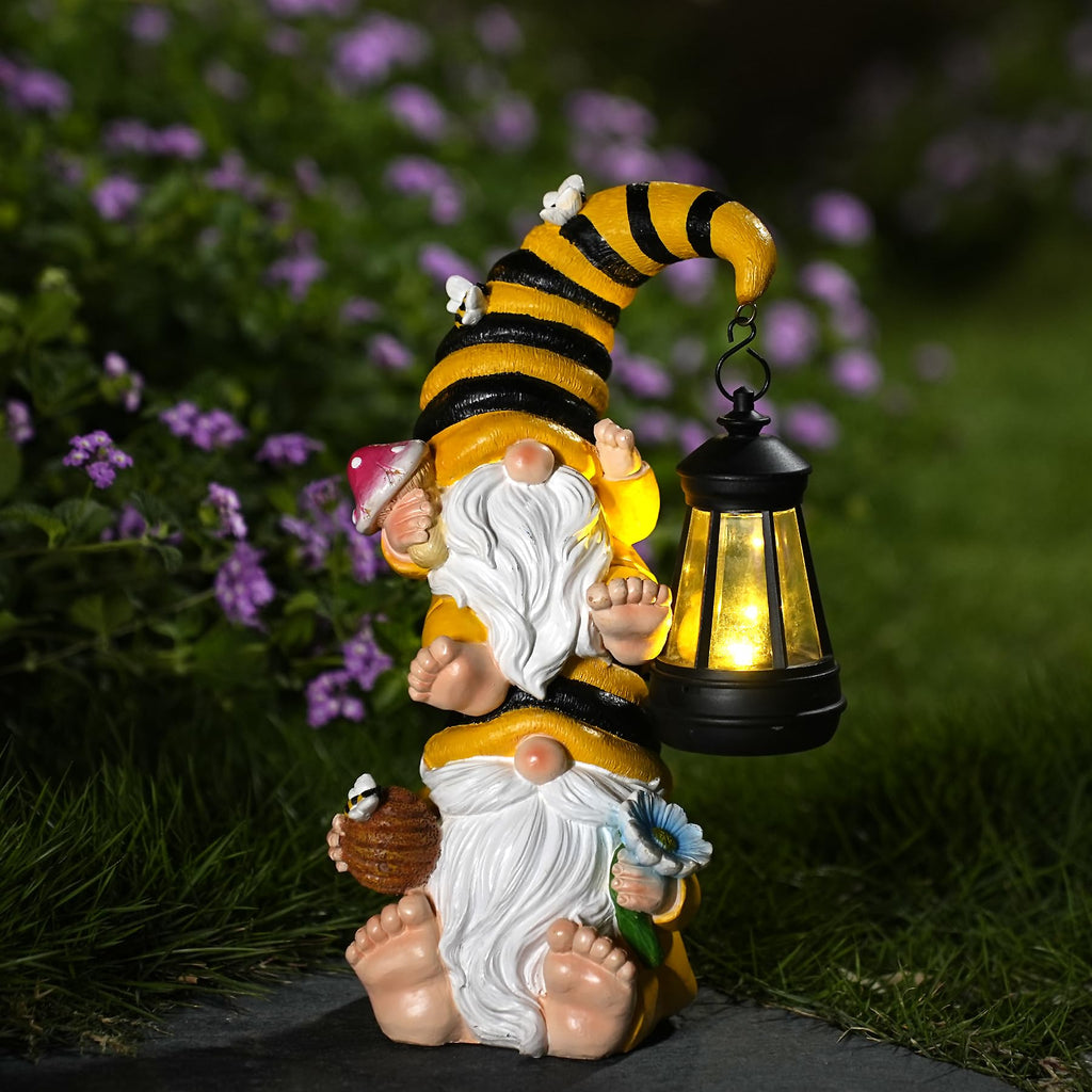 Solar Gnome Garden Decor with LED Lantern,Outdoor Gnomes Statues