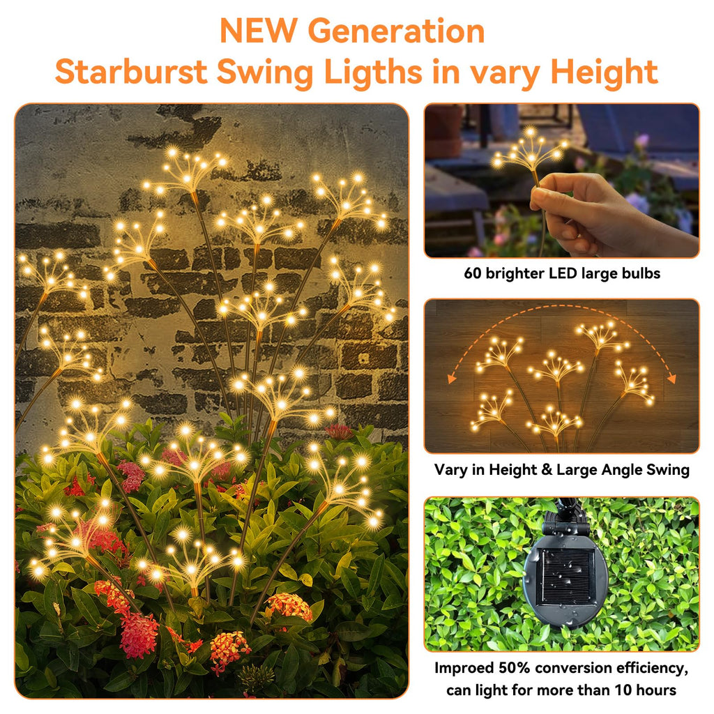 Solar Garden Lights 2 Pack Waterproof Solar Swaying Starburst Light Outdoor Lights for Yard Patio Walkway Pathway Party Wedding Christmas Decoration, Warm White
