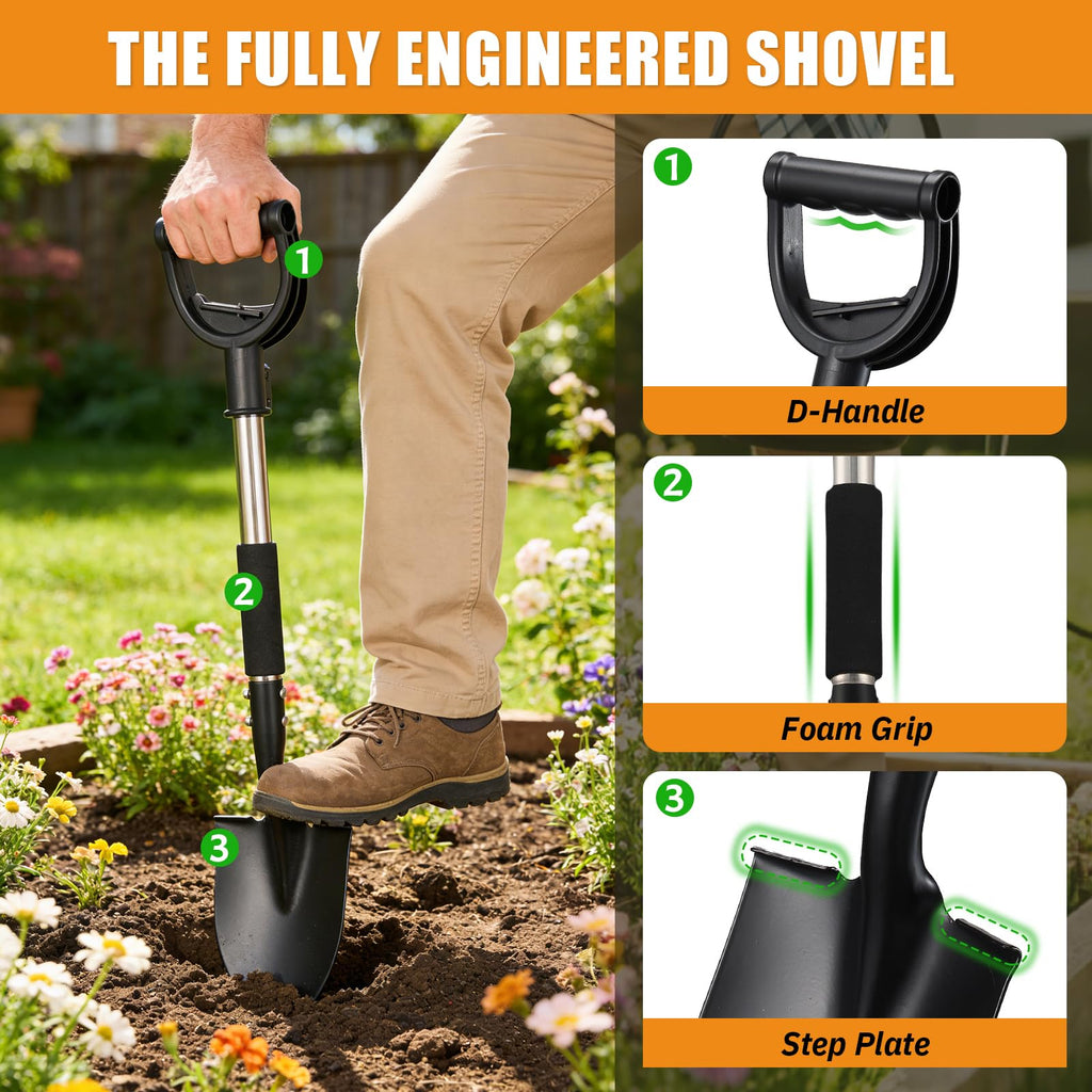 Garden Shovels for Digging, 31 Inch Small Shovel, Heavy Duty Metal Digging Shovel with D-Handle Grip, Short Kids Shovels for Digging, Mini Spade Shovel for Gardening, Camping, Beach, Car, Snow Removal