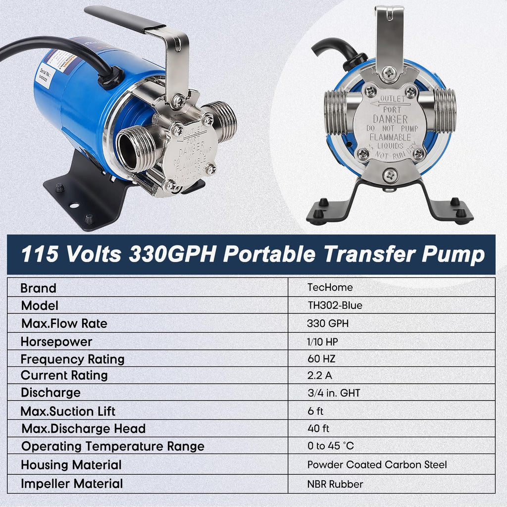 TecHome Water Pump Water Transfer Pump, 115V 1/10HP 330GPH Water Hose Pump, with Suction Hose Kit.