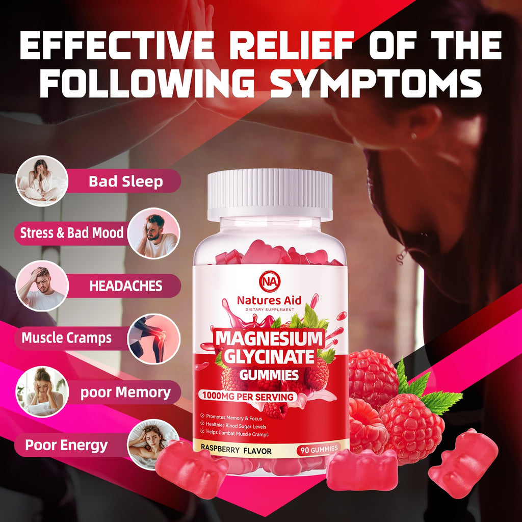 Magnesium Glycinate Gummies 1000mg - Sugar Free Magnesium Potassium Supplement with Vitamin D, B6, CoQ10 for Calm Mood & Sleep Support - 180 Raspberry Gummies.
