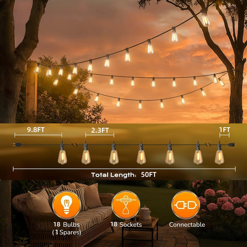 GPATIO Outdoor String Lights, 50FT ST38 Bulbs Shatterproof Patio Lights, Waterproof Dimmable Outside Hanging Light, Connectable LED Outdoor Lights for Backyard, Porch, Party, Garden, Home Decor