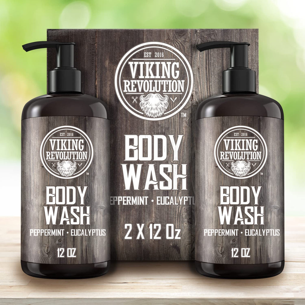 Viking Revolution Men's Body Wash - Eucalyptus Peppermint Body Wash for Men - Mens Natural Body Wash with Vitamin E and Rosemary Oil - Mens Shower Gel Liquid Soap - Peppermint Mens Bodywash (2 Pack)