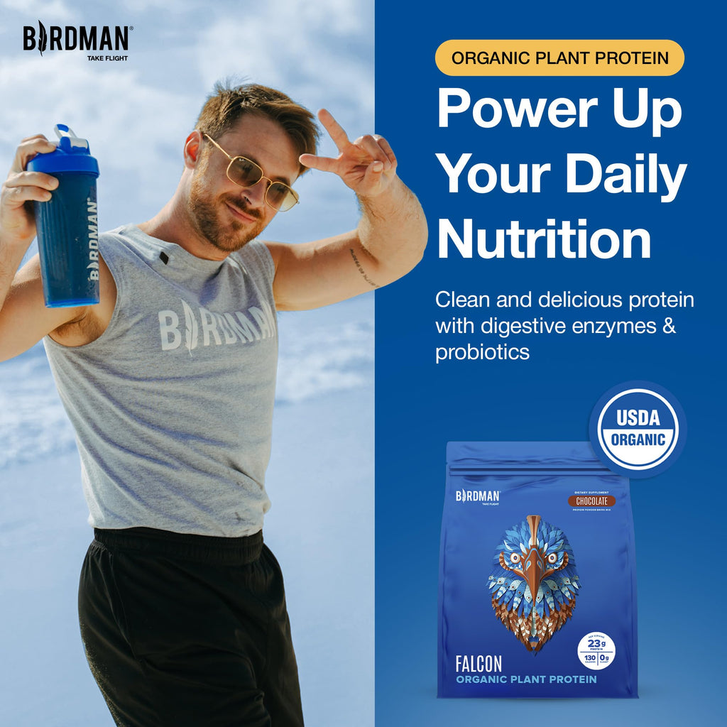 BIRDMAN Falcon Vegan Protein Powder Organic, Stevia & Sugar Free, Plant Based Protein, Low Carb, Dairy Free, Keto, Non Whey Protein, Probiotic, Pea Protein | Chocolate Flavor - 60 Servings - 3.9lb