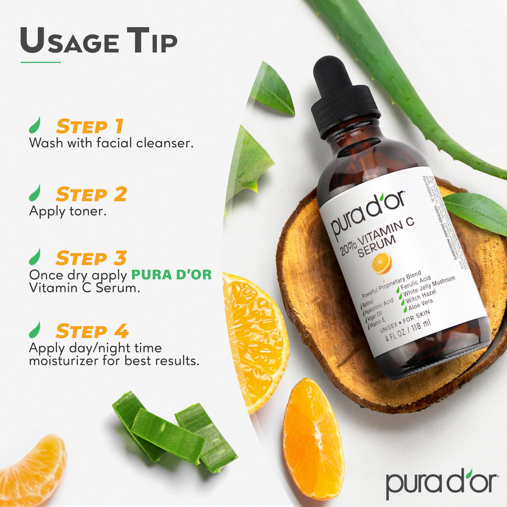 PURA D'OR 20% Vitamin C Facial Serum 4 Oz - Antioxidant Blend with Retinol, Hyaluronic Acid, Vitamin E & Ferulic Acid - Hydrating Lightweight Skincare Formula - Men and Women Daily Use Skin Care Plus