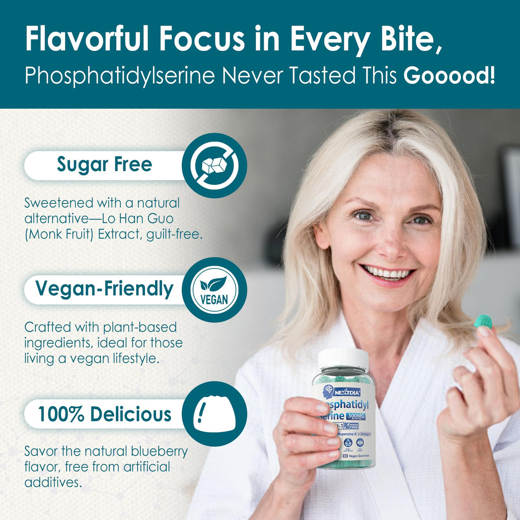 Phosphatidylserine - Nootropic Brian Supplement, Focus & Energy Gummies + Bacopa Monnieri, Omega 3, Huperzine A, Methyl B12 & B6 for Seniors, Gamers, Workers, Non-GMO, Caffeine-Free, Sugar Free,60 Cts